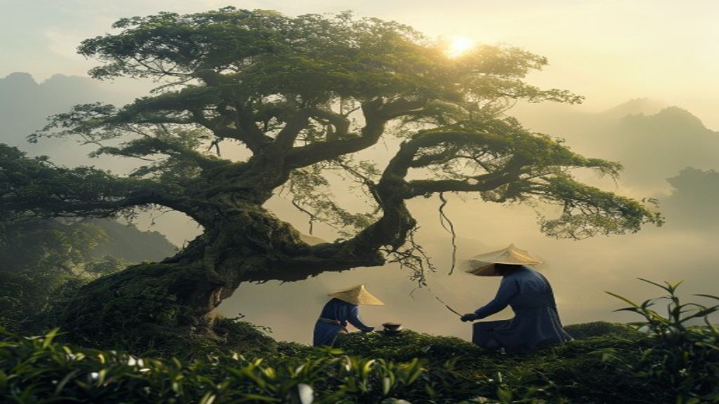 Cây trà Shan Tuyết cổ thụ 800 năm tuổi giữa biển sương Chiêu Lầu Thi, Hà Giang — cao 1.400m, hái búp thủ công lúc rạng đông.